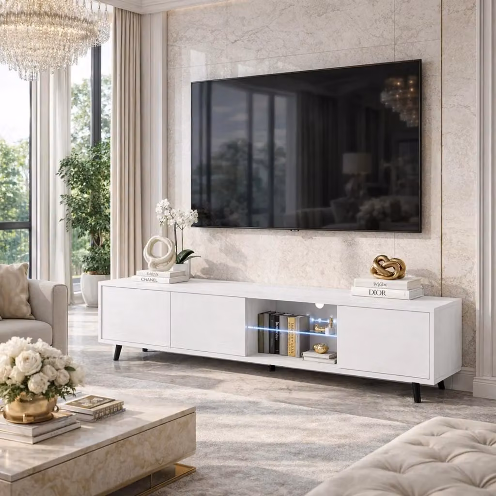 Mobile TV moderno MEGAOFFERTE con vano centrale in vetro, illuminazione LED integrata e 3 ante battenti in melaminico bianco, con piedini in metallo per il tuo soggiorno L 175 x 40 x 31.5 cm – 2