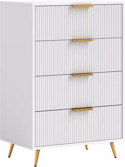 Cassettiera Xylo con 4 cassetti e frontale ondulato bianco e oro L: 60 cm, P: 40 cm, H: 90 cm