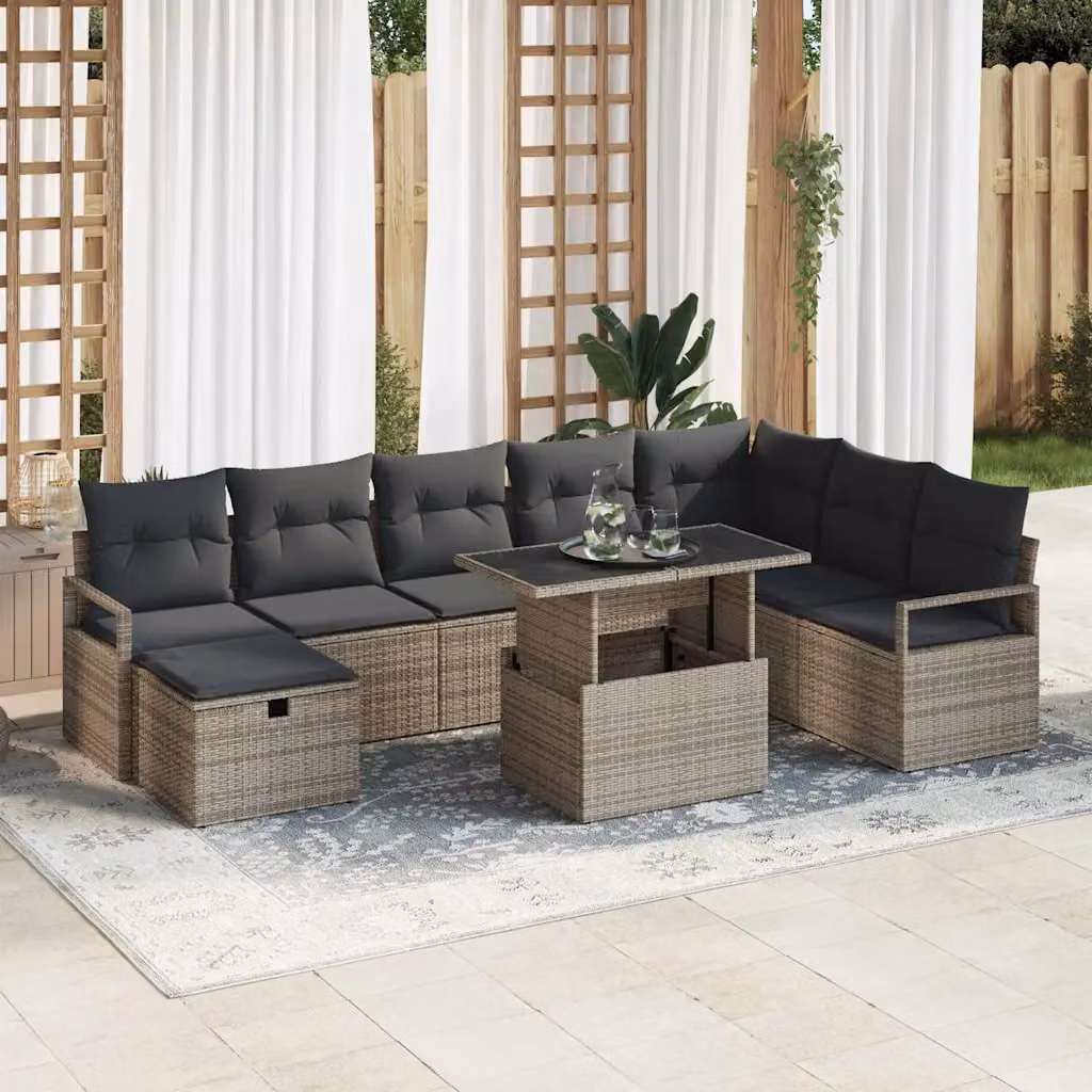 Set Divano da Giardino vidaXL 9 Pezzi in Polyrattan Grigio con Cuscini e Tavolino – 1