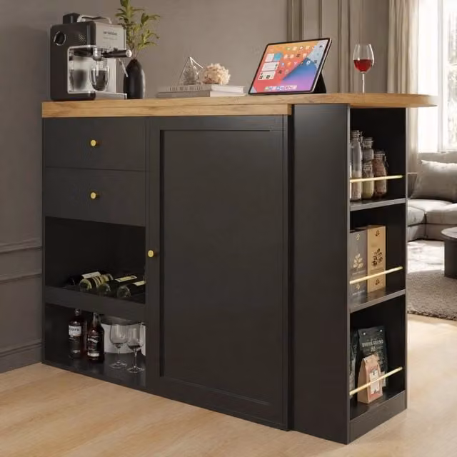 Credenza modulare girevole moderna in MDF nero opaco con 4 cassetti, ripiani aperti e dettagli metallici dorati
