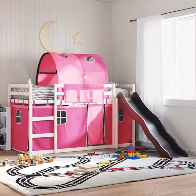 Letto a Castello con Scivolo e Tende Rosa 90x200 cm 3284139
