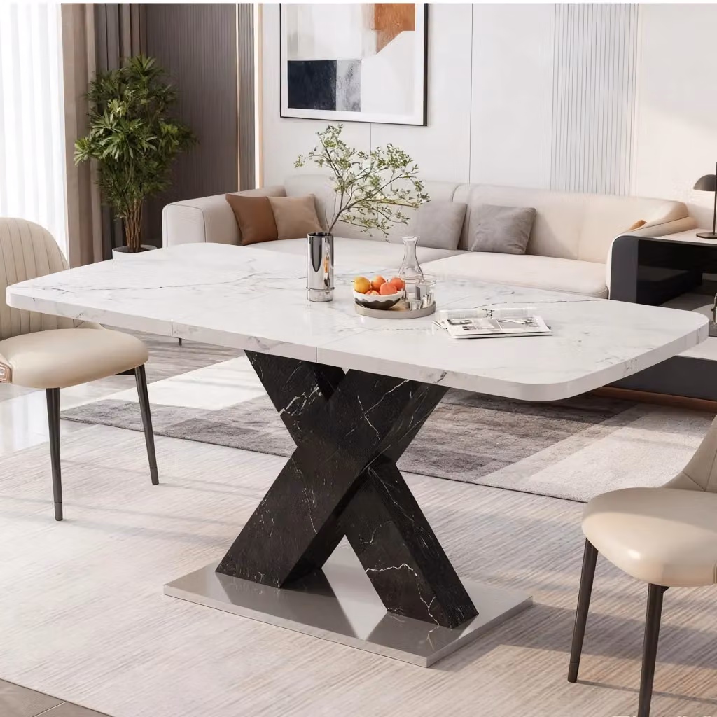 Tavolo da pranzo allungabile REDOM moderno rettangolare in MDF e metallo, effetto marmo bianco e nero, L: 120-160 cm, P: 80 cm, H: 76,5 cm – 2