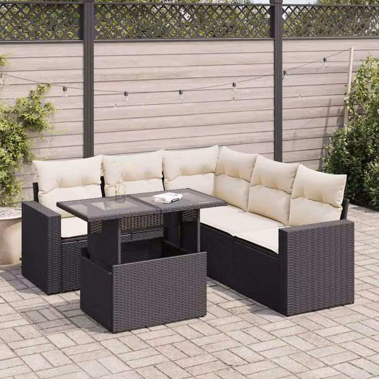 Set Divano da Giardino a L vidaXL 6 pz con Cuscini e Tavolino Nero in Polyrattan e Acciaio