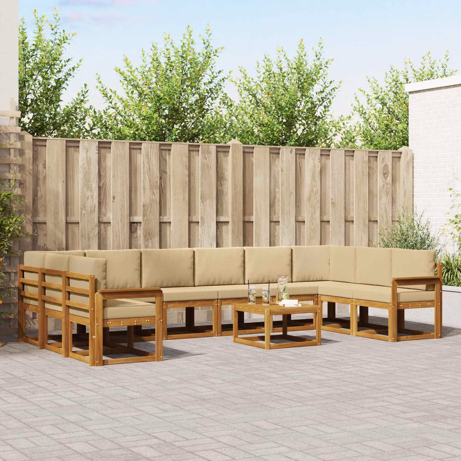 Set di divani da esterno vidaXL 11 pezzi in legno di acacia con cuscini beige e marrone a forma di U per giardino e terrazza