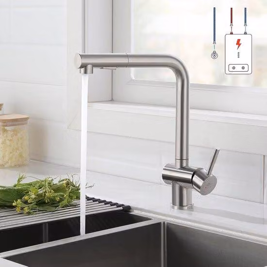 Rubinetto da cucina in acciaio inossidabile con rotazione a 360 gradi, design a doppio beccuccio, compatibile con scaldabagno.
