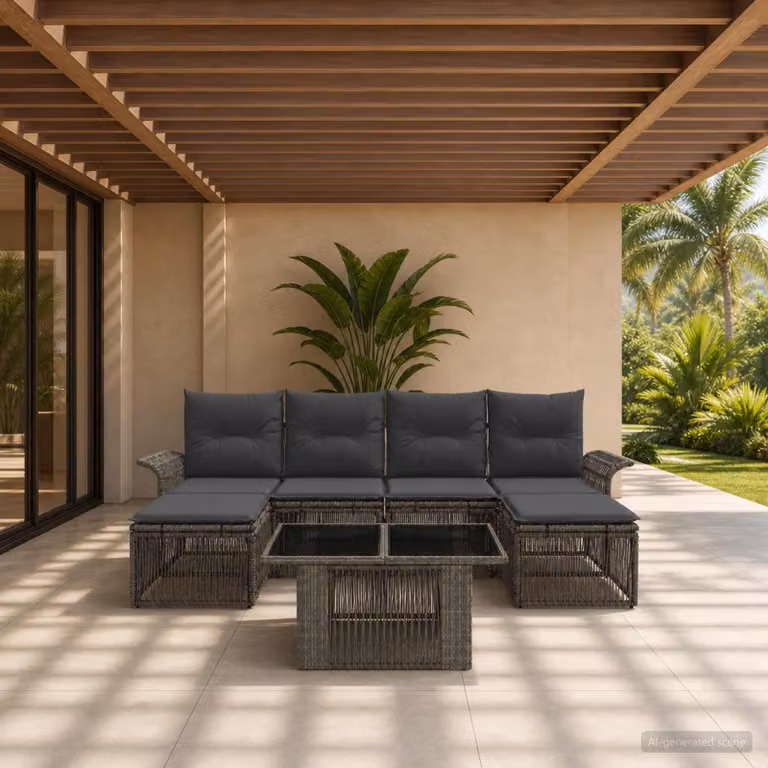 Set Divano da Giardino vidaXL 7 pz in Polyrattan Grigio e Antracite con Tavolino e Pouf