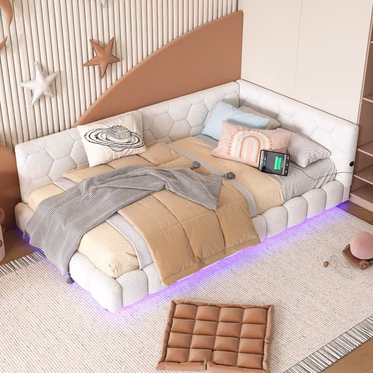 STILVORA Letto imbottito trasformabile in divano letto, 90x200 cm, con illuminazione LED e connessioni USB e di tipo C, rivestito in tessuto morbido, colore bianco (senza materasso)
