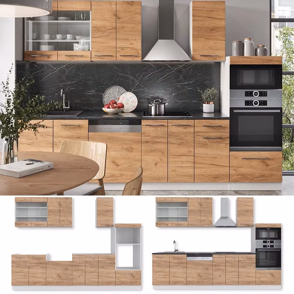 Cucina componibile moderna Vicco Fame-Line Rovere dorato e Bianco con armadio alto e piano Antracite L: 300 cm – 2