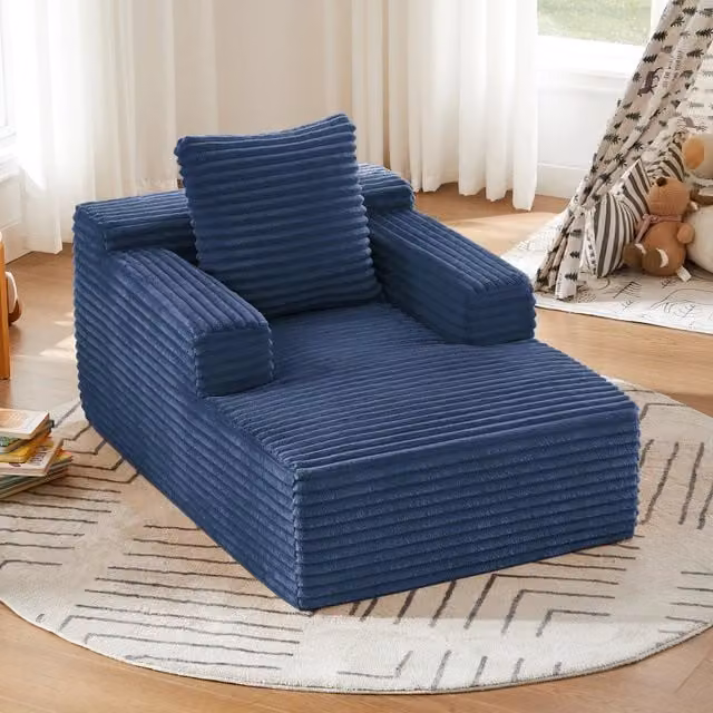 Divano chaise longue in velluto a coste; poltrona relax e divano letto senza montaggio; blu