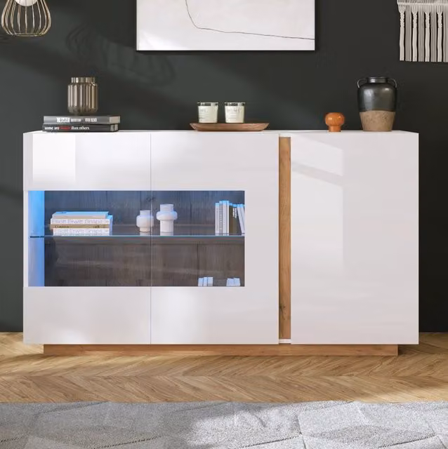 Credenza moderna bianca lucida con ante in vetro e illuminazione LED RGB L/P/H: 138,0 x 38,5 x 90,5 cm