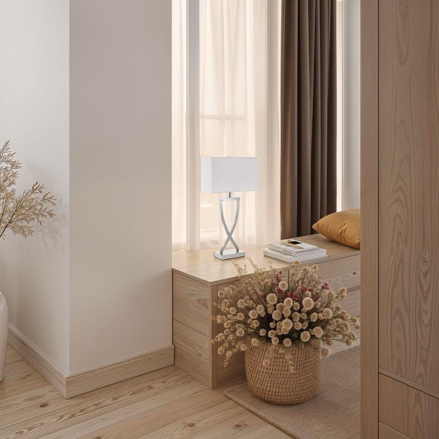 Lampada da tavolo tectake moderna in metallo e tessuto, colore argento e bianco, con attacco E27 – 1