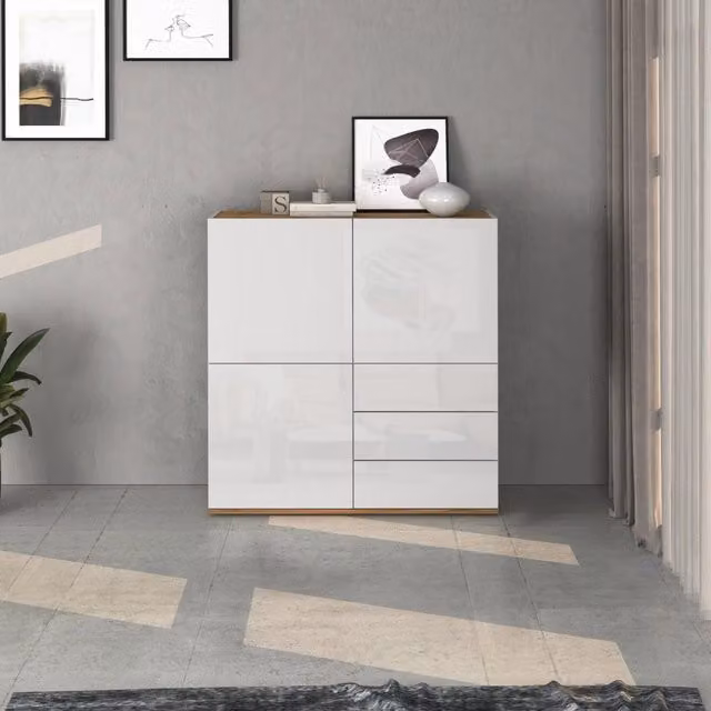WHOUS Credenza Garda a 3 ante e 3 cassetti bianco lucido e rovere 102x35x110 cm