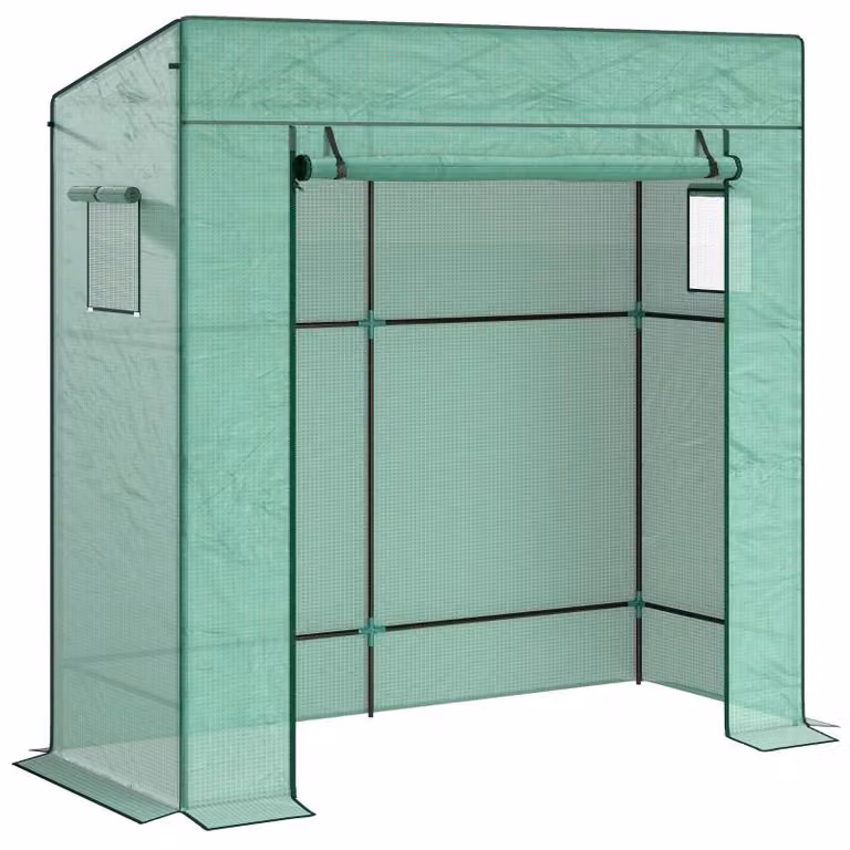 Serra tunnel Moonbite, dimensioni 196 x 77 x 197 cm, con tetto inclinato, realizzata in telo di polietilene, dotata di porta a rullo, finestre in rete, struttura in tubi zincati, cime di ancoraggio e disponibile in colore verde