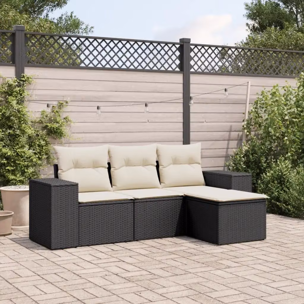 Set Salotto da Giardino a L DESIGN IN composto da 4 pezzi in Polyrattan Nero con Cuscini Bianchi e Struttura in Metallo – 2