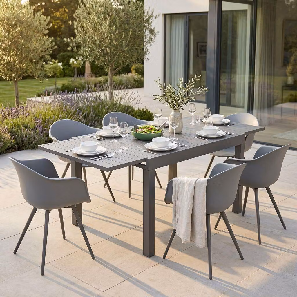 Milani Home - Set tavolo in alluminio cm 90/180 x 90 x 75 h con 6 poltrone da giardino per esterno colore taupe - Taupe