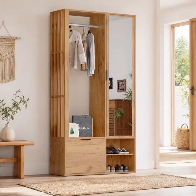 Armadio ingresso 100x33x190 cm in truciolare naturale con specchio e 9 vani