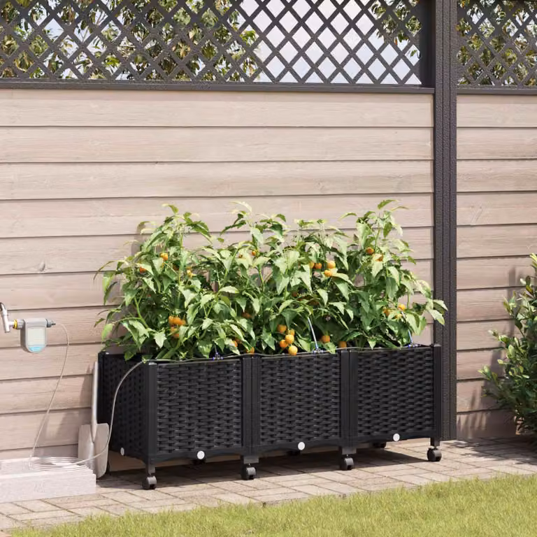 Set di 3 vasi da giardino con irrigazione e ruote vidaXL, colore nero, in plastica