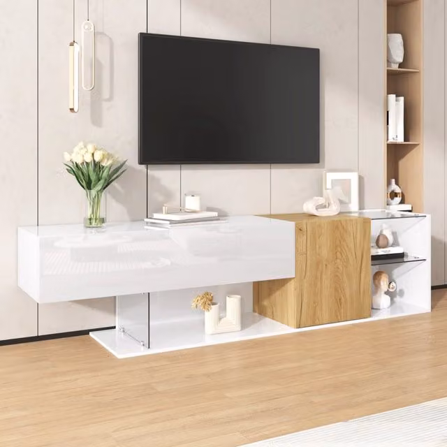 Mobile TV moderno Zephmum bianco lucido con ante in vetro L: 180 cm, P: 38 cm, H: 48 cm