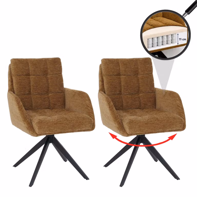 Set di 2 sedie da pranzo modello HWC-Q36, sedia girevole per cucina con sistema di ritorno automatico, rivestita in tessuto chenille (680g/m²), struttura in metallo, colore giallo senape