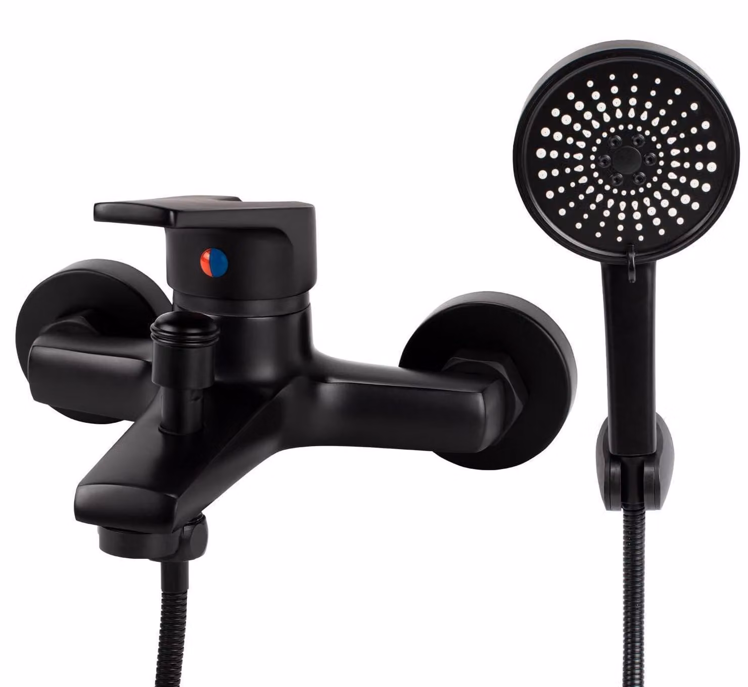 Miscelatore per vasca da bagno con doccetta manuale, in ottone, montaggio a parete, colore nero, forma quadrata, 5 diverse tipologie di getto