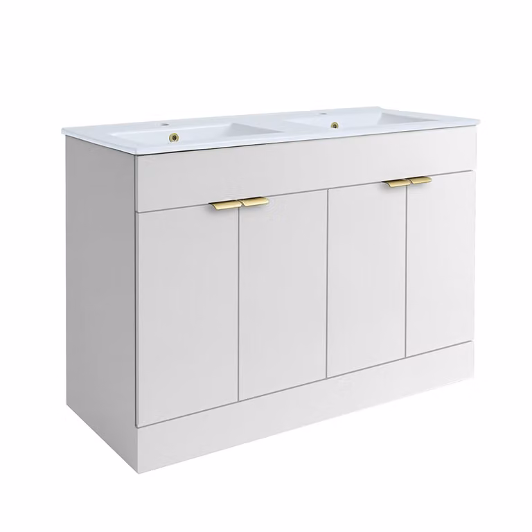 Mobile Bagno a Terra Bianco da 1210mm con Doppio Lavabo e Maniglie con Impugnatura a Dito in Oro Satinato - Cluo
