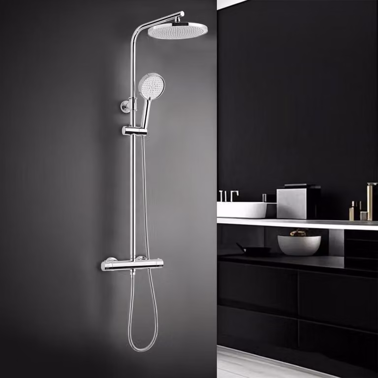 Set completo per sistema doccia con termostato, finitura cromata, composto da: doccia a pioggia da 25 cm, soffione con 3 getti, doccetta manuale e barra di supporto regolabile in altezza da 79 a 128 cm