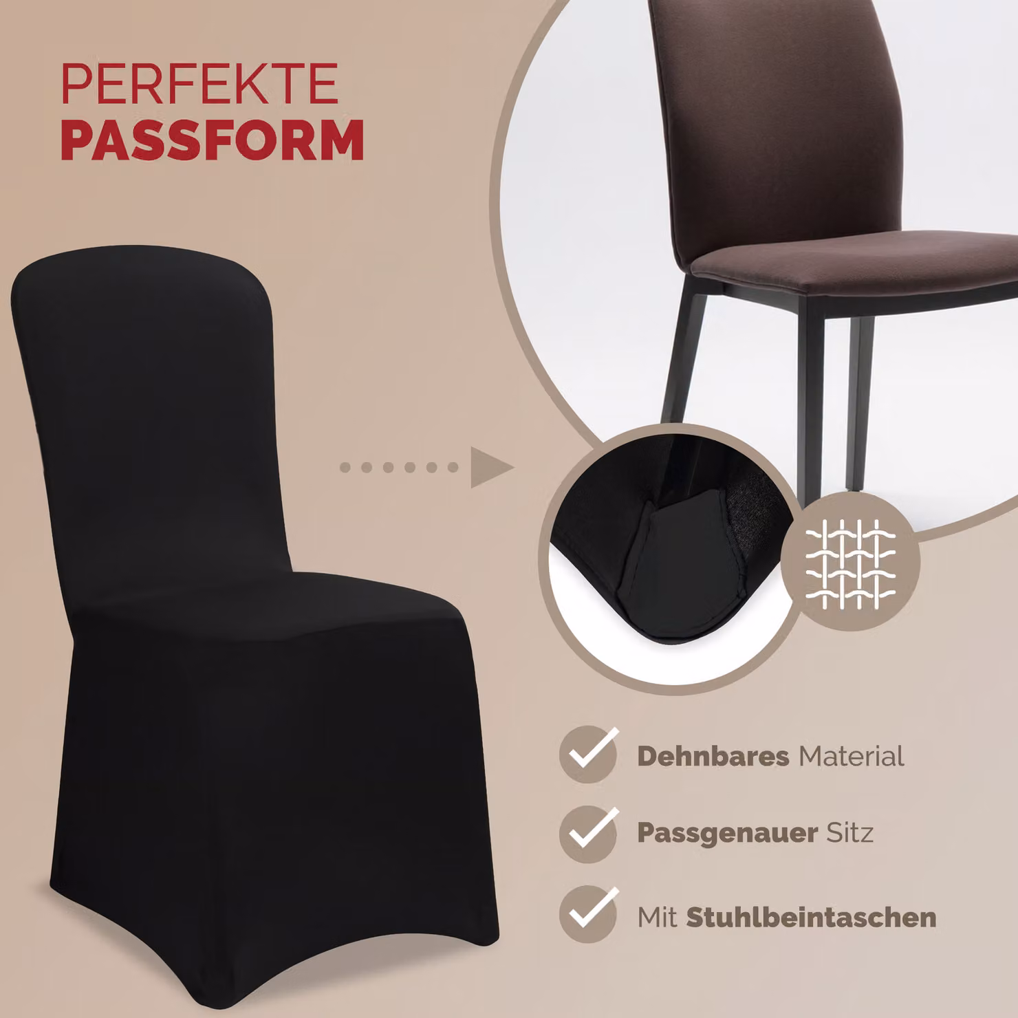 Set di 6 coprisedie antiscivolo in tessuto elasticizzato nero certificato OEKO-TEX Standard 100 – 3