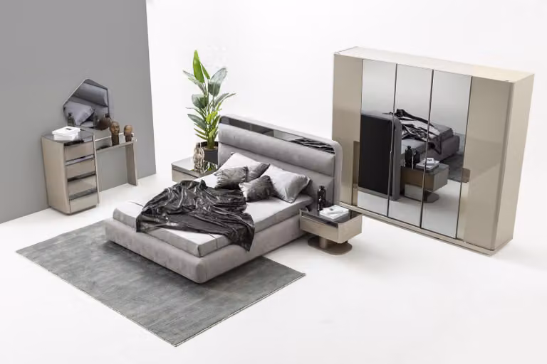 6-tlg. Set mit Bett, Nachttischen, Schminktisch, Spiegel & Kleiderschrank