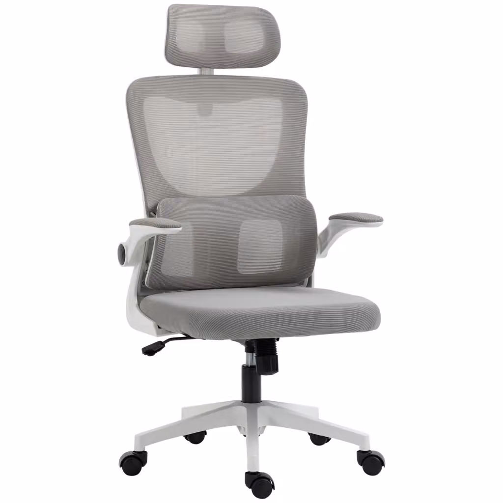 Sedia da Ufficio Ergonomica Moderna con Poggiatesta e Braccioli, Altezza Regolabile, Grigia in Tessuto – 2
