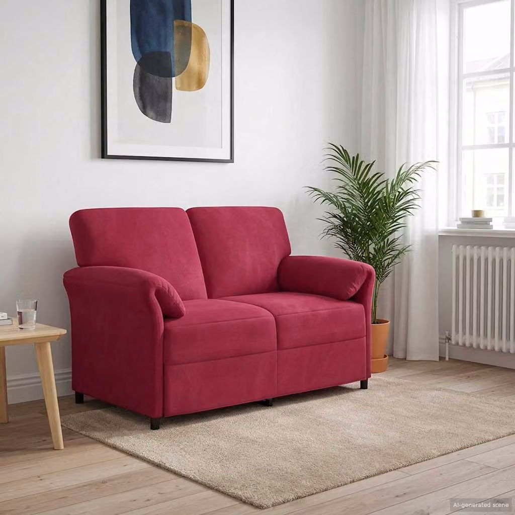 vidaXL Divano a 2 Posti Moderno in Velluto Rosso con Cuscini, L: 138 cm, P: 83 cm, H: 95 cm