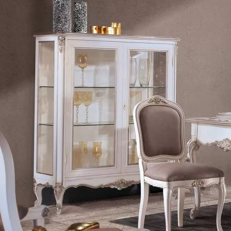 Vetrina classica con 2 ante in vetro stile shabby chic bianco e argento Mobili 2G L: 130 cm, P: 50 cm, H: 150 cm