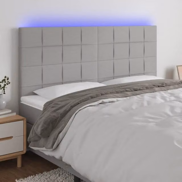 Testiera con LED Design Mania in tessuto grigio chiaro con porta USB, L: 200 cm, H: 128 cm, P: 5 cm
