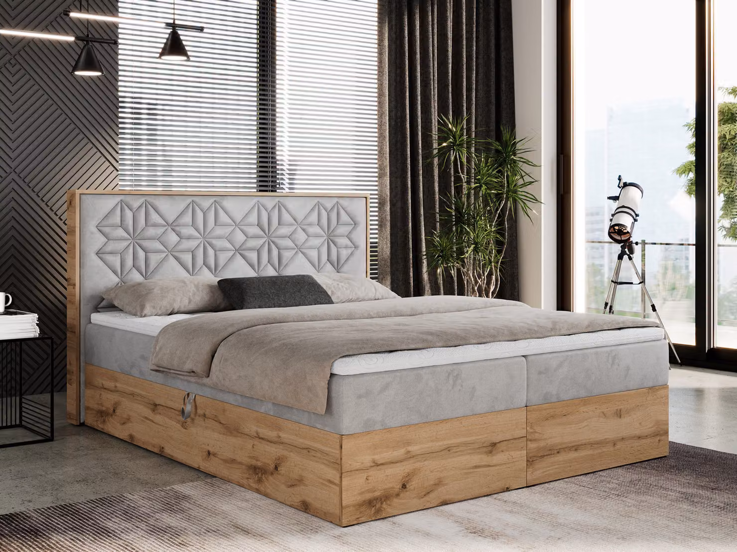 Letto boxspring 120x200 con contenitore, letto imbottito 120x200 con materasso H4, letto boxspring 120x200 con testiera, letto boxspring in legno massello - Nessi - Grigio chiaro Velvet - H4