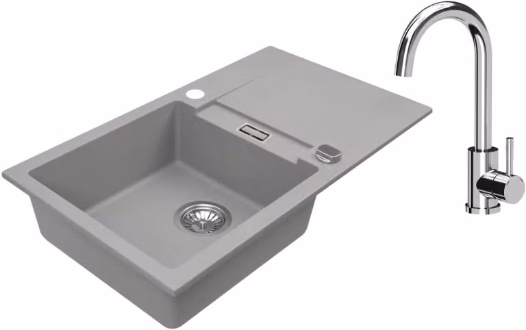 VBChome Lavello in granito 76 x 44 cm Grigio con rubinetto Lavello da incasso a vasca singola Reversibile Speckled Lavello di facile manutenzione con sifone