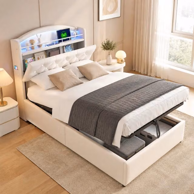 Letto imbottito per bambini 90x200 cm con vano contenitore; LED; USB e Type-C beige
