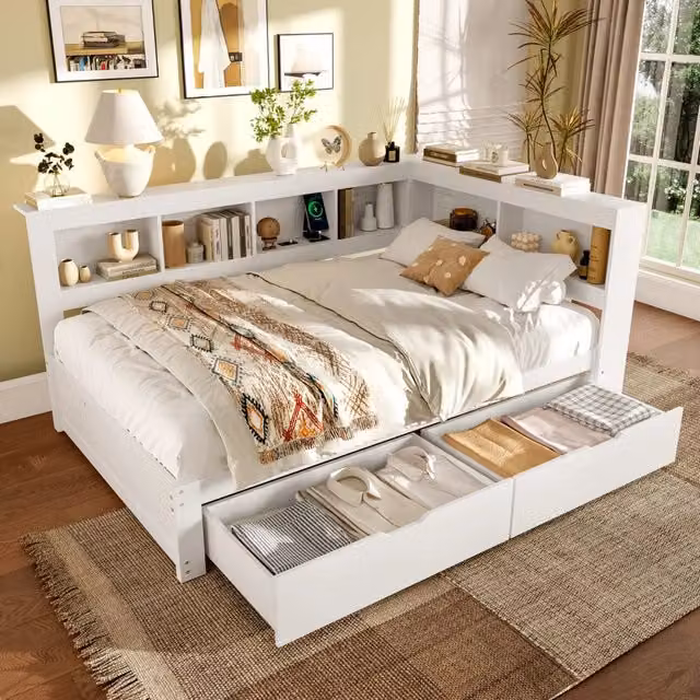 Letto divano matrimoniale 140 × 200 cm con 2 cassetti, presa e 2 porte USB, senza materasso, legno bianco