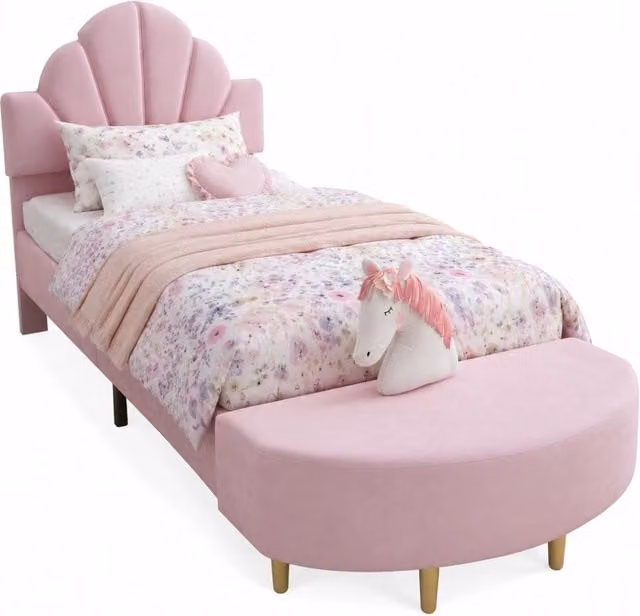 Letto singolo 90x200 in velluto rosa con panca coordinata， senza materasso