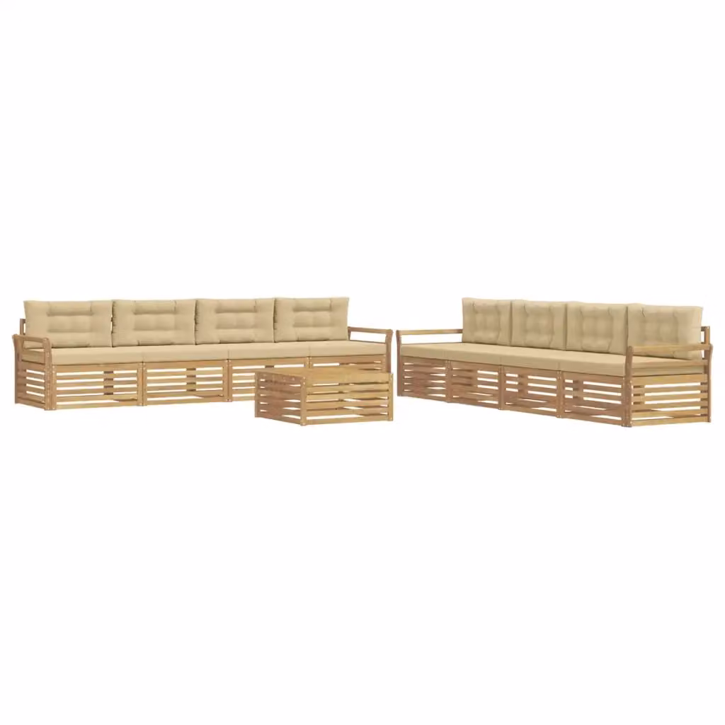 Set di divani da esterno a forma di U vidaXL in legno di acacia con tavolino e cuscini, Bianco e Beige – 2