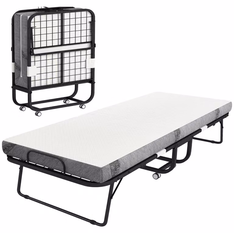 Letto pieghevole per ospiti - Letto singolo - 90 x 200 cm - Materasso in schiuma da 10 cm - Struttura in acciaio - Con ruote - Portata massima: 150 kg