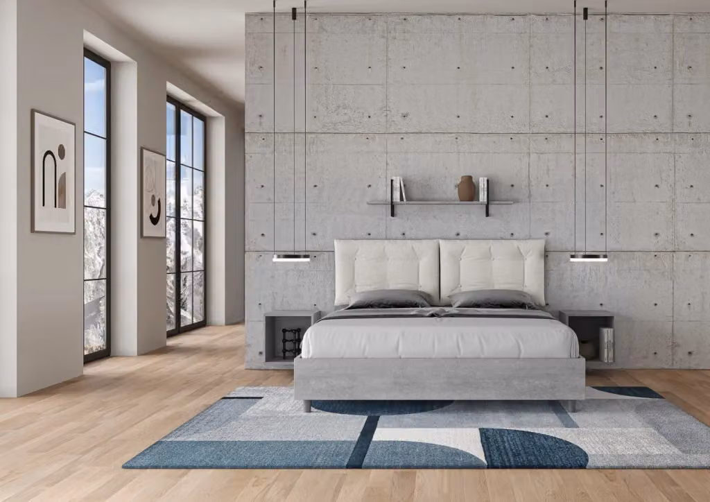 Letto Matrimoniale Egos con Contenitore Alzabile e Cuscini in Similpelle, Struttura Effetto Cemento, L/P: 160 x 200 cm, Grigio e Bianco – 2