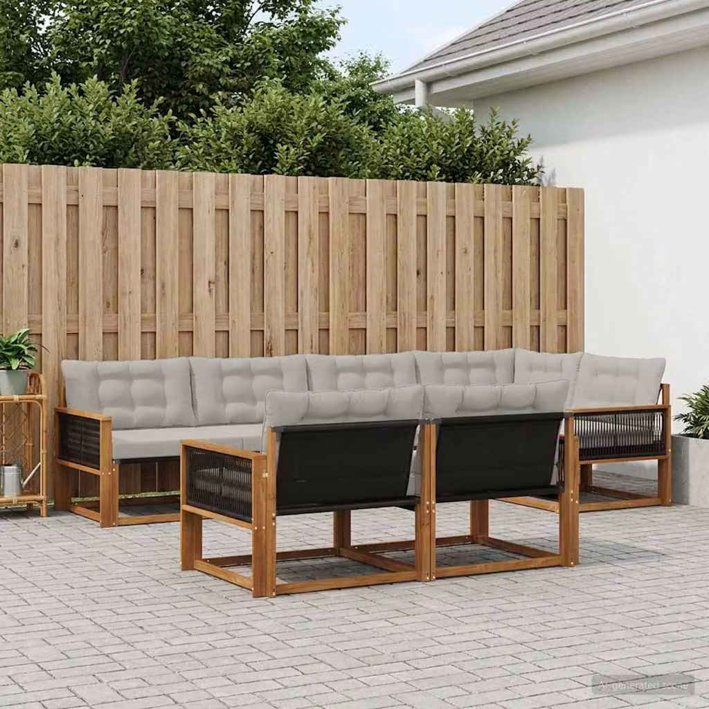 Set di divani da esterno vidaXL a forma di L composto da 7 pezzi in legno di acacia con cuscini in tessuto beige e grigio