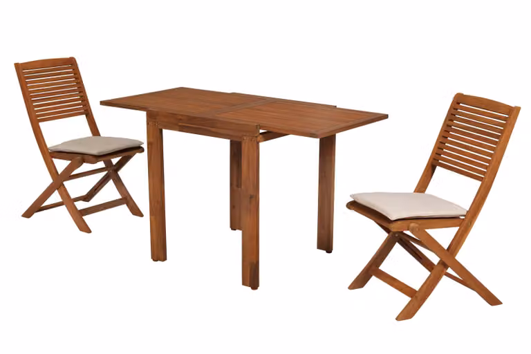 Set di mobili da giardino Merxx Bali 5 pezzi, 2 sedie pieghevoli, 2 cuscini, 1 tavolo allungabile da balcone 65 (130) x 70 cm - Acacia