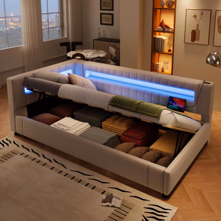 Merax daybed Daybed 90x200 cm, contenitore idraulico, striscia luminosa a LED con telecomando, testata con USB e Type-C, divano letto, daybed, beige