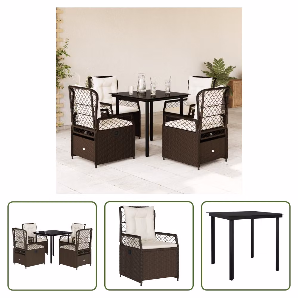 The Living Store Set da pranzo da giardino 5 pezzi con cuscini in polirattan marrone
