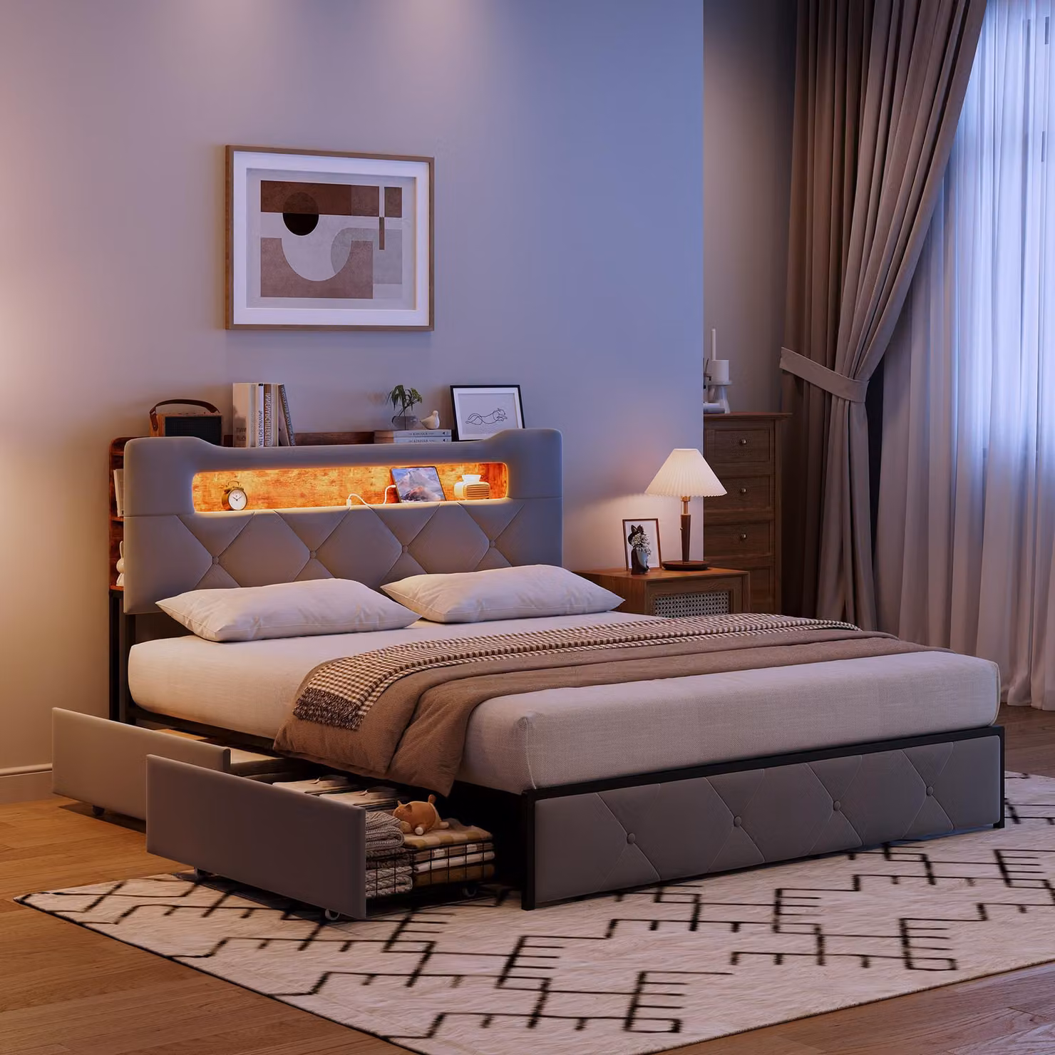 UnboxG Letto imbottito 160x200cm con USB e tipo C, letto contenitore per giovani con 4 cassetti, letto matrimoniale in legno con LED e rete a doghe, letto funzionale, velluto, grigio