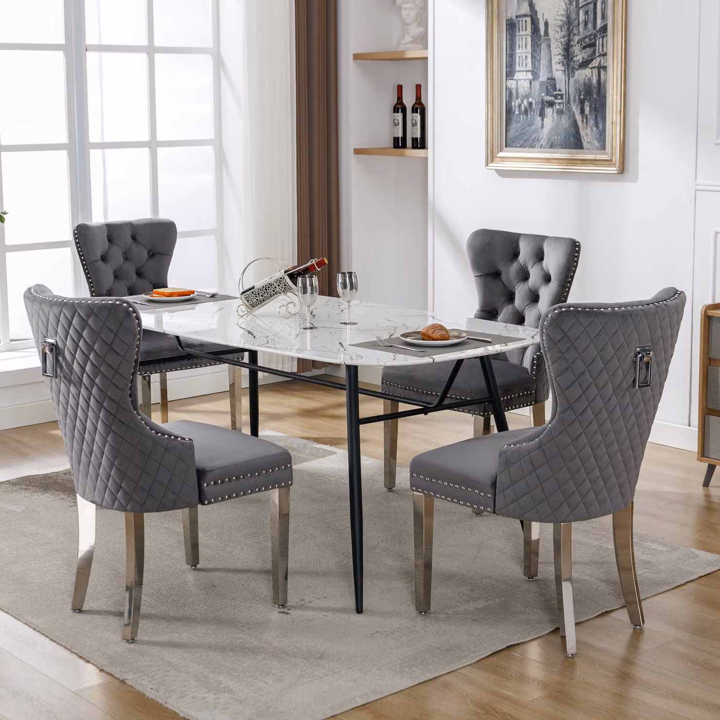 Set di 4 sedie da pranzo Flieks, sedie da cucina imbottite con gambe in acciaio inox, sedia da pranzo con rivestimento in velluto, grigio