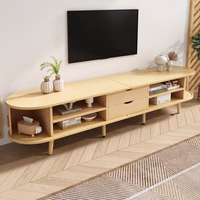 Mobile porta TV OKWISH moderno in MDF rovere beige con 2 cassetti e 2 ante scorrevoli e ripiani regolabili per soggiorno L: 170 cm, P: 40 cm, H: 42 cm