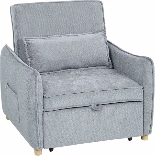 Poltrona Letto 3 in 1 con Schienale Reclinabile e Cuscino 88x84x87 cm Rivestimento in Ciniglia Grigio