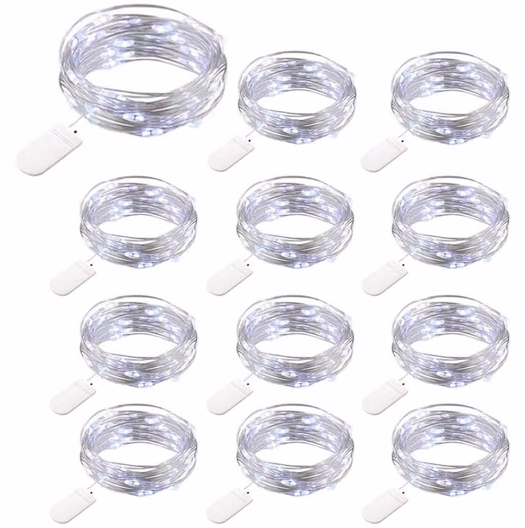 Catena luminosa a LED, set da 12, 20 LED, 2 metri, luce bianca fredda, alimentazione a batteria