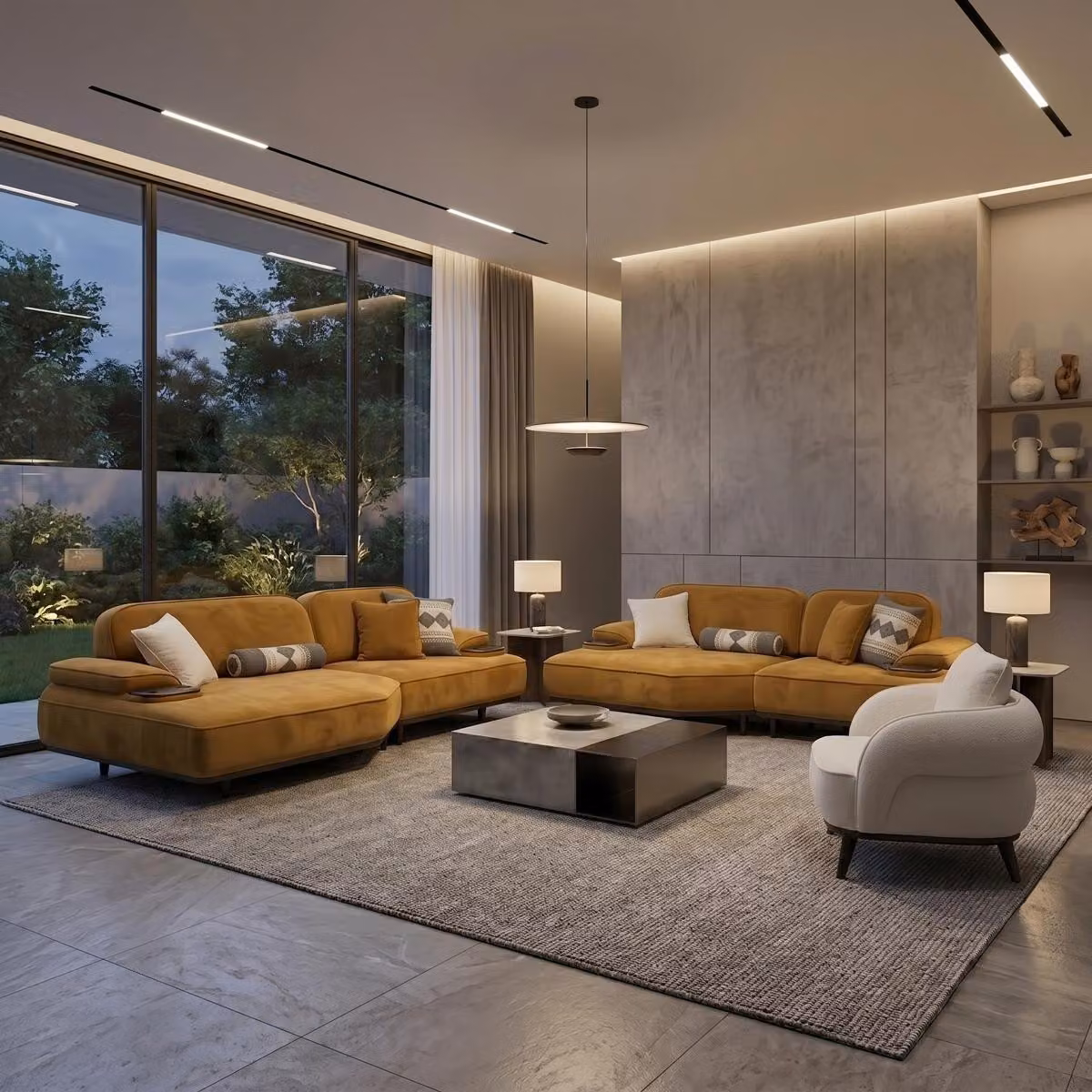 Divano angolare, poltrona, giallo, moderno, elegante, set di divani